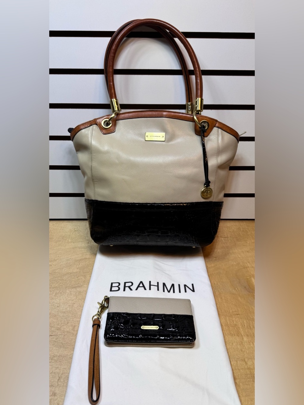 Brahmin Two-Tone Cream and Black Leather Tote With Matching Wallet & Dust Bag